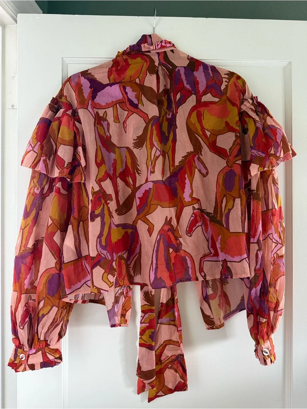FARM Rio Pink Multi Horse-Print Ruffled Tie-Neck Blouse - Picture 3 of 4